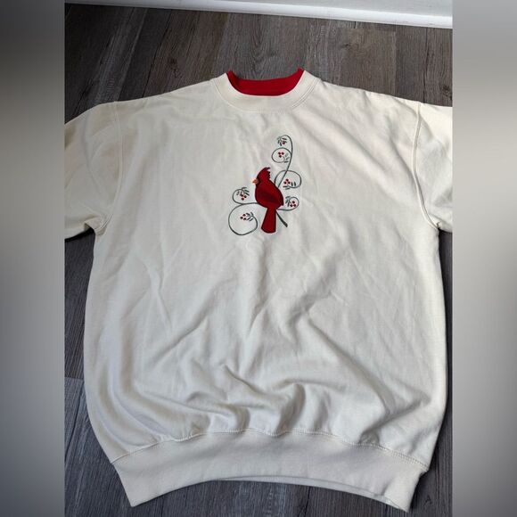 VTG M & C Sportswear Grandma Sweater Cardinal Embroidered Bird Cream Red Size L - Picture 3 of 8